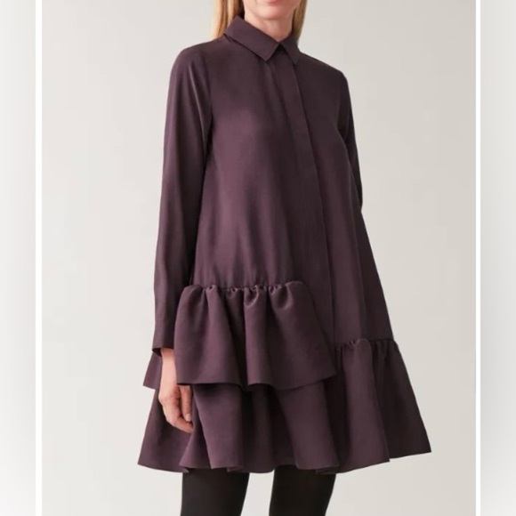 COS frilled shirt dress in deep plum color. Long sleeve button front ruffle. 10 - Picture 2 of 9